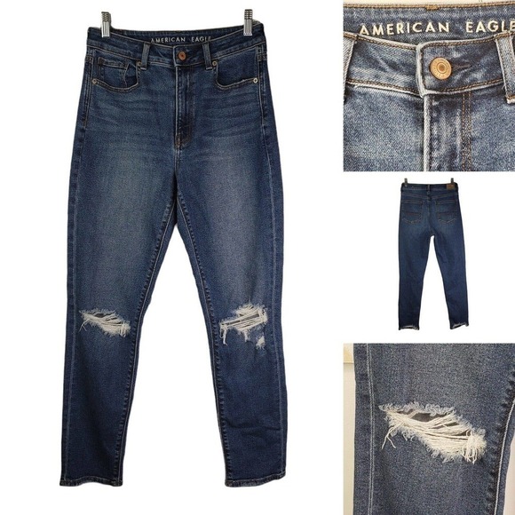 American Eagle Womens High Rise Mom Jeans Stretch Distressed Denim 2 Dark Blue - Picture 1 of 12